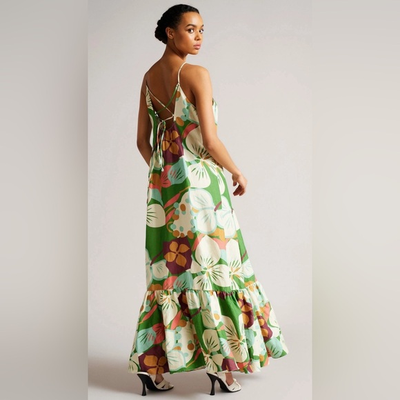 Ted Baker Green Dulina Strappy Linen Maxi Dress With Pleat Detail - Picture 2 of 7